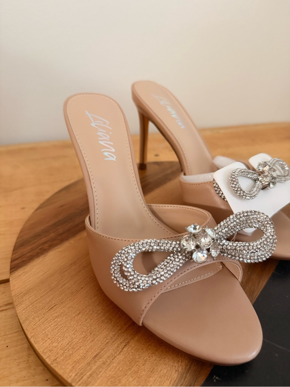 Liliana Nude Rhinestone Bow Mule Heels